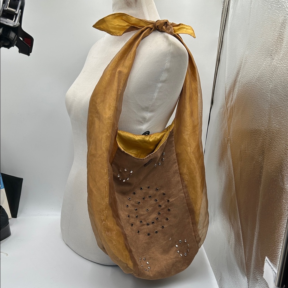 Mustard Yellow Eyelet Shoulder Bag with Sheer Tie Strap